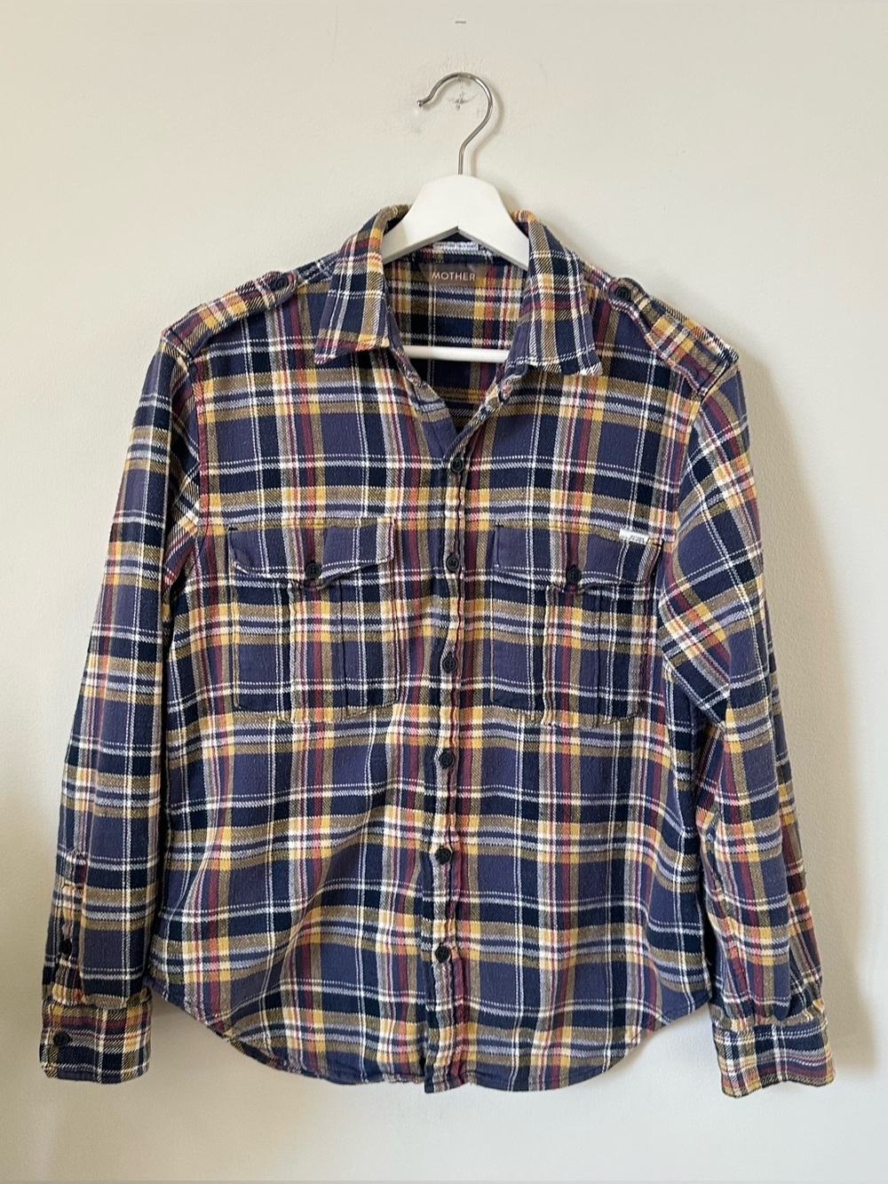 MOTHER The Cadet Button Up Shirt Plaid Midnight Blue Cotton Flannel Size M